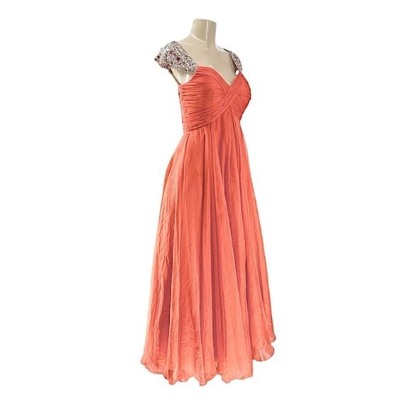 Sherri Hill Formal Bling Prom Cap Sleeve Coral Peach A-line Maxi Dress